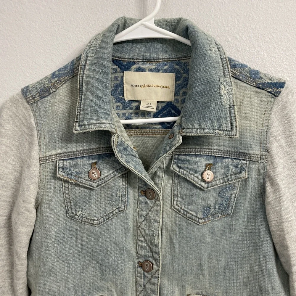 Anthropologie Pilcro and the Letterpress Embroidered Denim Jacket Terry Sleeve S